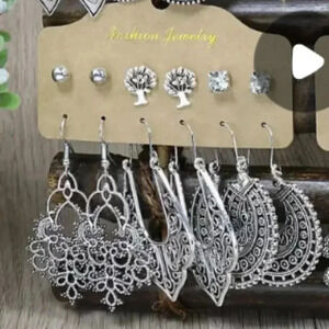 SIX Pair Antique Finish Novelty Fashion Silverplated Earrings Set